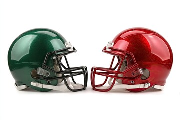 Naklejka premium Two opposing American football helmets, green and red, face each other on a white background (1)