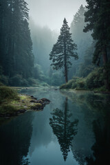 Foggy Forest River with Pine Tree Reflection in Early Morning