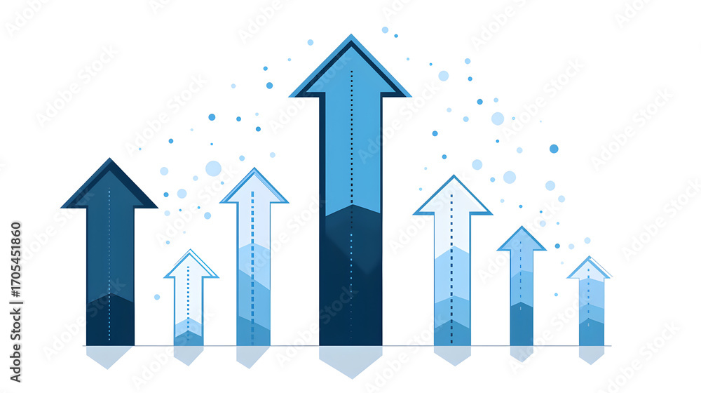 Poster blue arrows pointing upward on white background with growing graph, flat design style using simple s