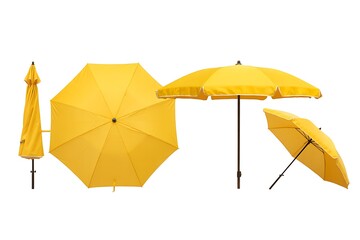Four yellow patio umbrellas in different positions on white
