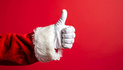 Santa Claus hand wearing white glove showing thumb up against red background. Holiday design