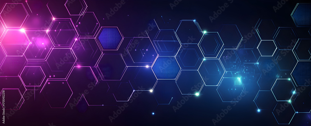 Poster purple-blue gradient abstract backdrop with illuminated hexagonal network grid, concept of futuristi