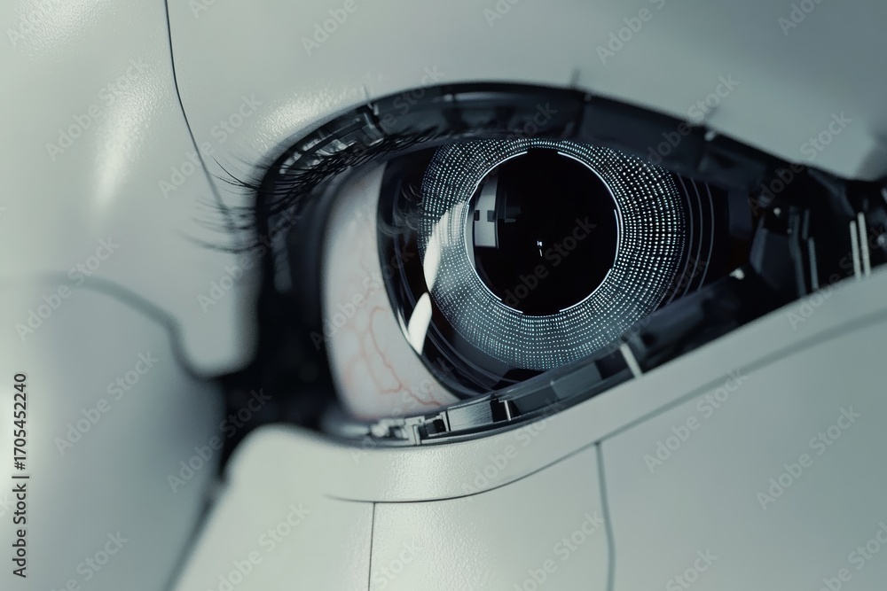 Aufkleber close-up view of robotic eye actively scanning the environment in a futuristic setting