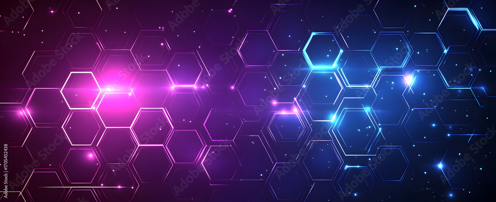 Poster abstract purple and blue digital background with glowing hexagonal pattern and network lines, futuri