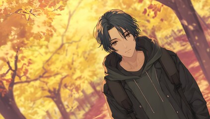 Handsome anime boy walking in autumn forest
