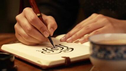Close-up of woman writing Arabic calligraphy with pen in notebook, artistic writing, art, calligraphy, creative lifestyle, indoors, indoors.