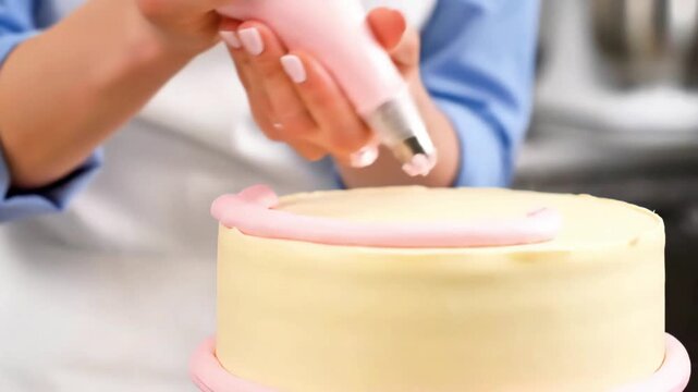 Mastering cake decoration with creative piping skills in a cozy kitchen setting