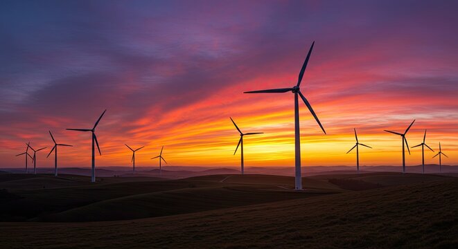 Wind Turbines on Rolling Hills at Vibrant Sunset Landscape
