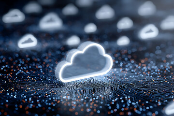Seamless cloud computing and digital transformation visualized with glowing data clouds over a circuit board, symbolizing innovative technology solutions and connectivity