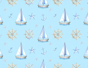 Nautical watercolor pattern with sailboat, steering wheel, starfish, and anchors.  Light blue background
