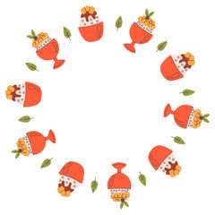 Bingsu Korean Dessert Frame. Modern hand drawn Asian Sweet Food Round border with Patbingsu shaved ice. Cafe and Restaurant menu design. Flat vector illustration