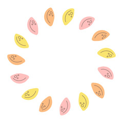 Songpueon Korean Food Frame. Colorful Rice Cake Dessert round border. Traditional Asian cuisine flat vector illustration for cafe, restaurant, menu design.