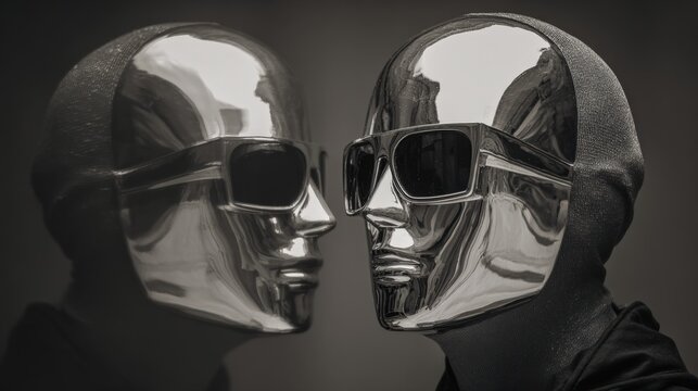 Pair of metallic futuristic masks wearing dark sunglasses actively reflect each other.
