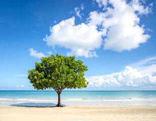 Tranquil beach scene with lone tree