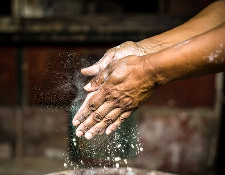 Hands clapping with flour in the air