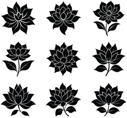 Fototapeta premium Nine black lotus flower icons with detailed petals arranged in a three by three grid Keywords: lotus, flower, floral, botanical, nature, plant, blossom, bloom, petal