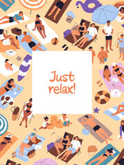 Fototapeta premium Design of poster with background with crowd of people sunbathing on sand beach. Greeting card template with tourists in bikini lying, relaxing on sea coast. Summer vacations. Flat vector illustration