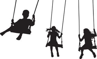 Three children silhouettes swinging on swings against white background