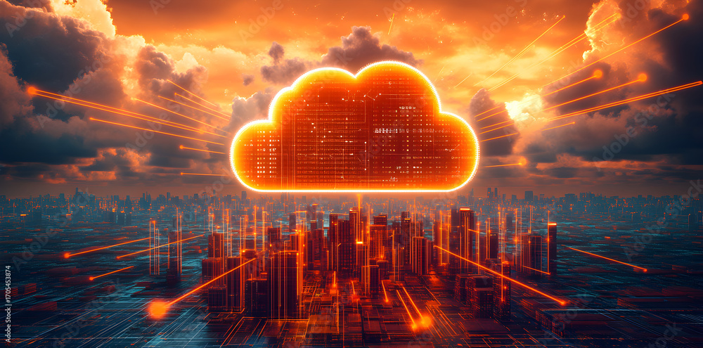 Poster futuristic smart city skyline connected by digital cloud computing networks, glowing data streams an