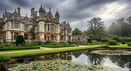 Obraz premium Grand English Manor House Reflecting in Pond.