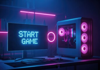 Photo of highperformance gaming computer setup with neon blue and pink lights, monitor displaying start game, creating a futuristic cyberpunk atmosphere for esports