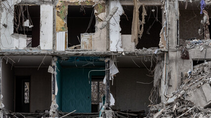 ruined street and destroyed houses the city Kiev war in Ukraine