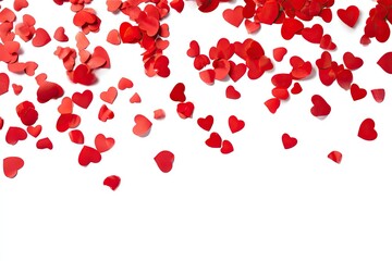 Red heart confetti scattered on white background