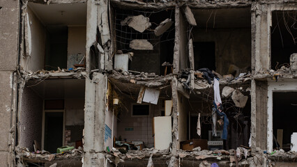 ruined street and destroyed houses the city Kiev war in Ukraine