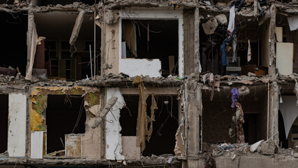 ruined street and destroyed houses the city Kiev war in Ukraine