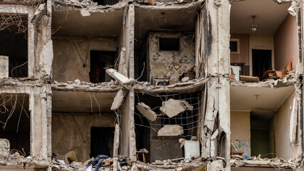 ruined street and destroyed houses the city Kiev war in Ukraine