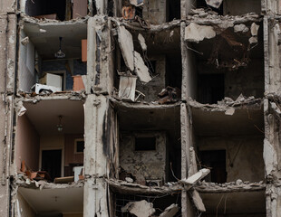 ruined street and destroyed houses the city Kiev war in Ukraine