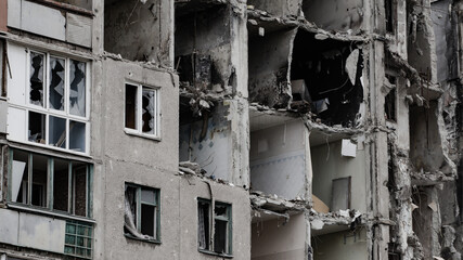 ruined street and destroyed houses the city Kiev war in Ukraine