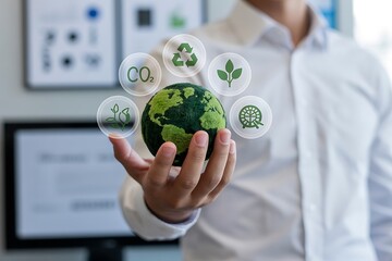 Person holding globe with environmental icons in their hand