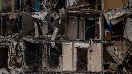 ruined street and destroyed houses the city Kiev war in Ukraine