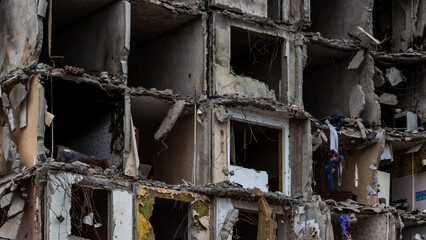 ruined street and destroyed houses the city Kiev war in Ukraine