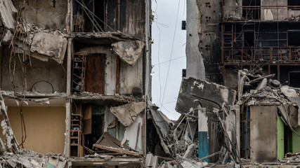 ruined street and destroyed houses the city Kiev war in Ukraine