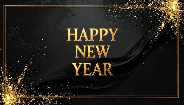 Elegant Golden Happy New Year Typography on Dark Textured Background with Glittering Accents