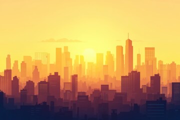 Naklejka premium Vibrant golden skyline at sunset showcases stunning urban architecture and warmth