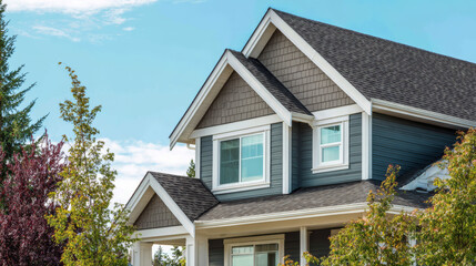 Modern suburban house, gray siding, white trim, gable roof, large windows, surrounded by green trees, peaceful neighborhood