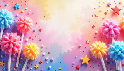 Colorful lollipops and star sprinkles on gradient backdrop, playful theme, with space for text