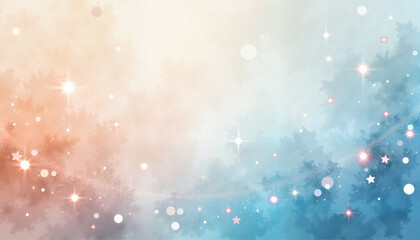 Obraz premium Gradient watercolor backdrop from peach to sky blue with pearls and glittery stars, with space for text