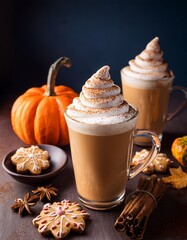 A cozy autumn scene featuring a pumpkin spice latte topped with whipped cream, alongside gingerbread cookies and cinnamon sticks, perfect for a Halloween party.