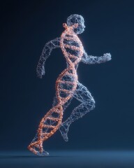 Wireframe Human Figure with DNA Helix Structure Running in Motion