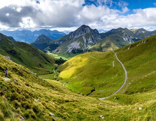 Mountain valley, winding road, grassy slopes