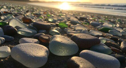 Obraz premium Colorful Sea Glass Pebbles on Sandy Beach at Sunset