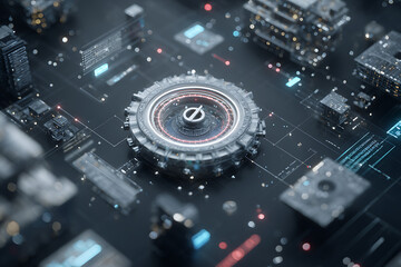 Futuristic technology core processing data with glowing lights, seamless digital integration and advanced cybernetics, innovation, cutting edge technology for modern business solutions