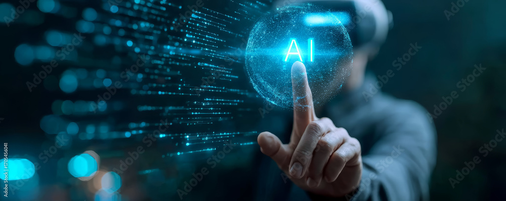 Poster artificial intelligence technology innovation virtual reality digital futuristic hand hologram glowi