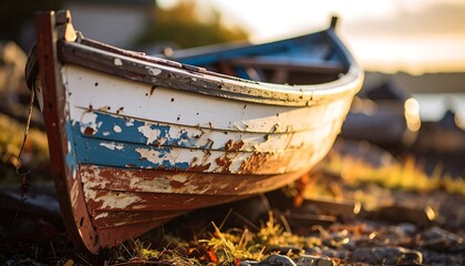 Sun-drenched old wooden boat on the shore