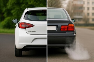 Electric Car Without Exhaust vs Gasoline Car with Exhaust Smoke