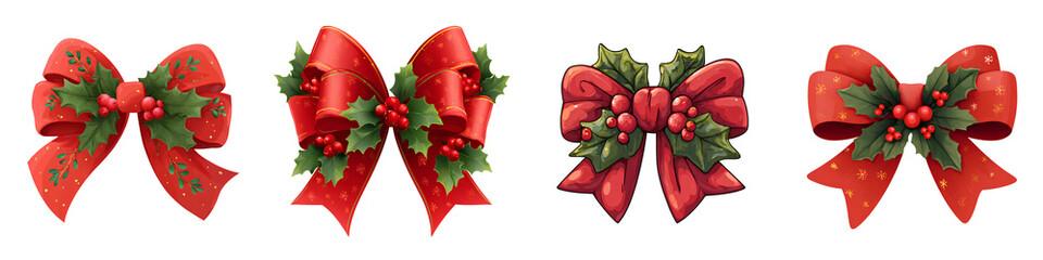 Set of cute cartoon Christmas bow with holly leaves and berries, isolated on transparent background.